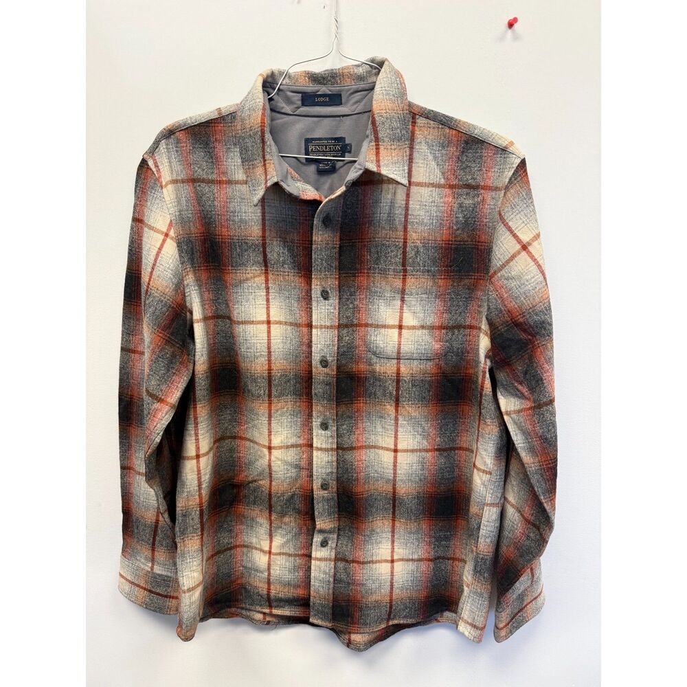 Pendleton Lodge Mens L Wool Flannel Shirt Gray Rust Ombre Plaid Button Up